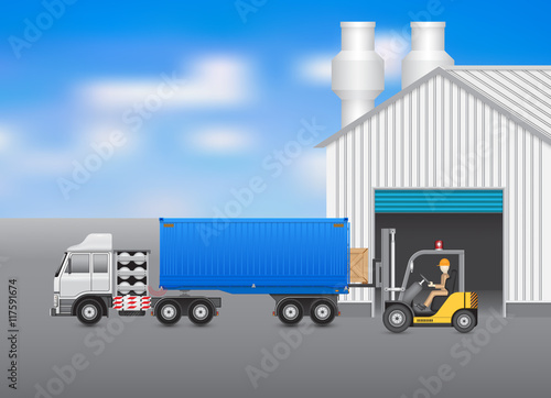 Vector of driver or worker loading goods, crate box into storage of cargo container on trailer truck at dock, port by forklift for logistic, shipping, delivery. Freight transport distribution industry