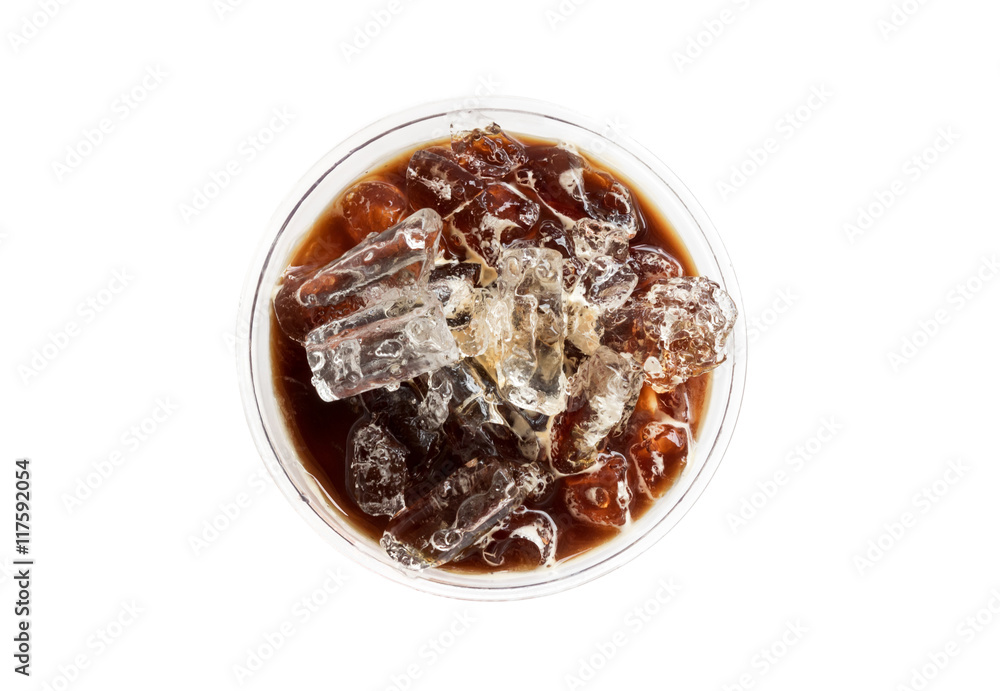 Close up top view ice of americano on white background Close up top view ice of americano on white background