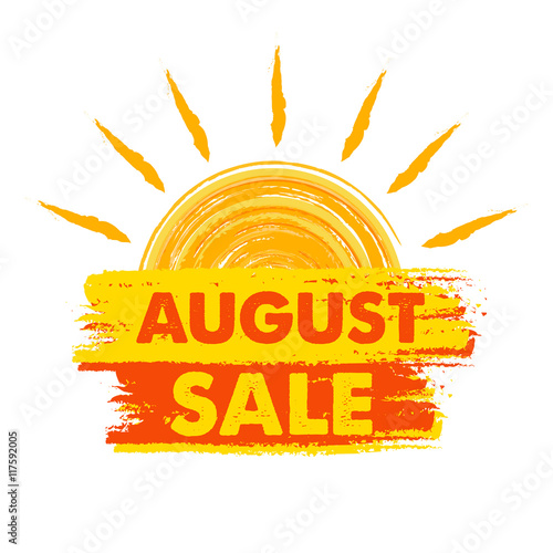 august sale with sun sign, yellow and orange drawn label