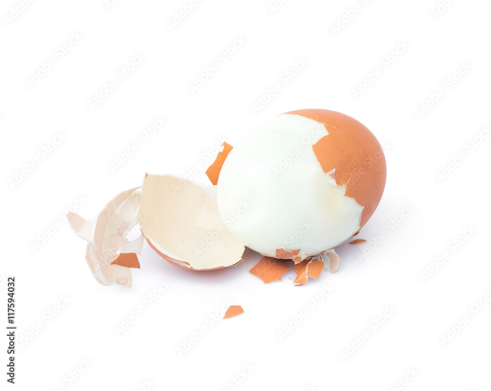 Closeup Peeled boiled egg and half egg on white background , food menu concept