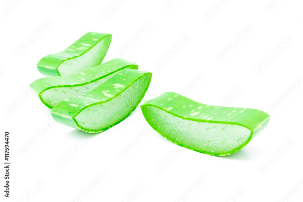 Closeup fresh aloe vera slice on white background, beauty and healthy care concept, selective focus Closeup fresh aloe vera slice on white background, beauty and healthy care concept, selective focus