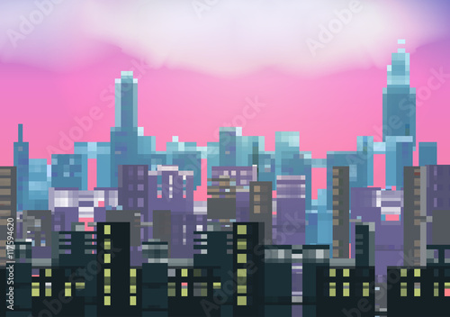 Retro Eight Bit City Skyline at Night Background - Vector Illustration