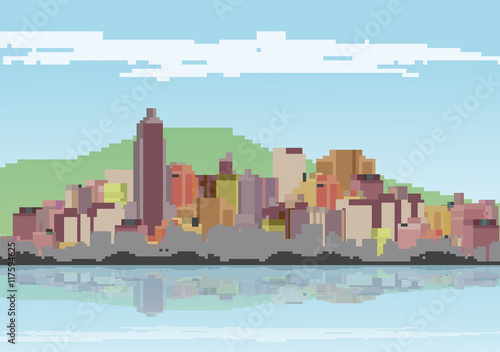 Retro Eight Bit City Skyline with Reflections Background - Vector Illustration