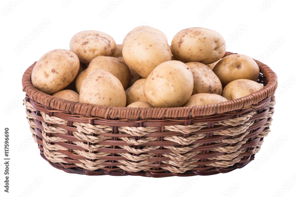 Raw potatoes in basket on white background. Raw potatoes in basket on white background.