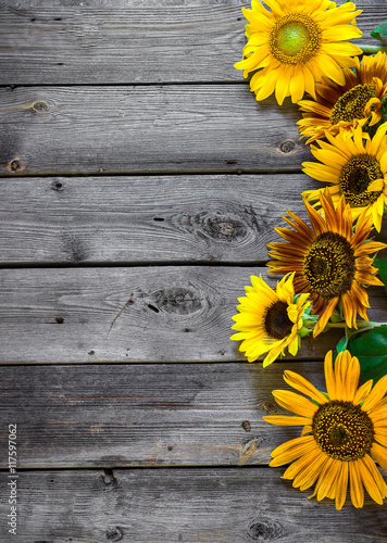 Old wooden background with sunflowers.