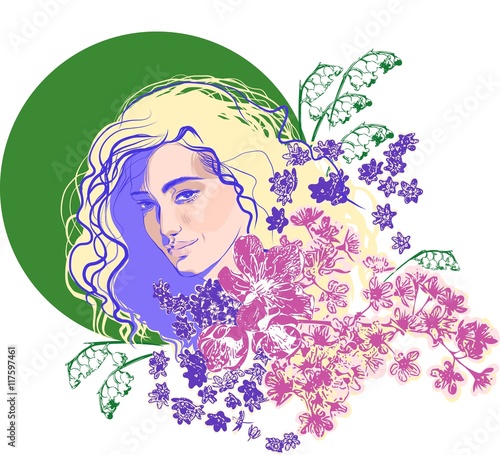 Portrait einer Frau mit langem Haar, Blumen, frühlingshaftes Ambiente