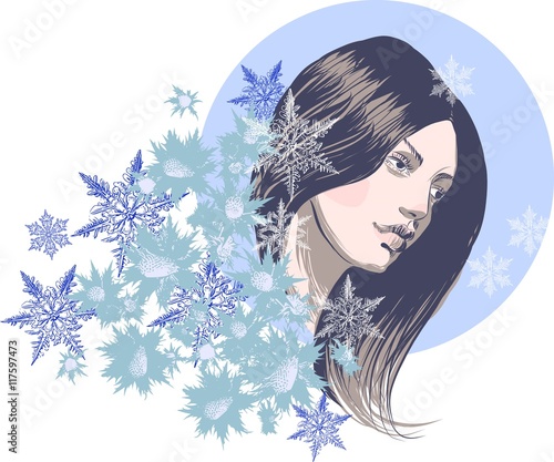 Schöne Frau mit langem Haar, winterliches Ambiente