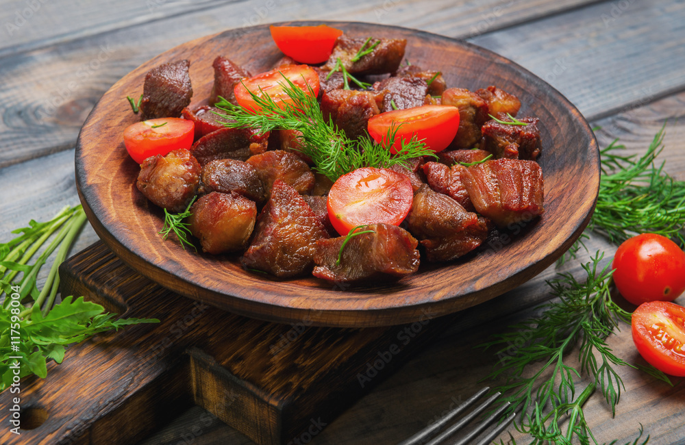 Meat fried small pieces of roast goulash Meat fried small pieces of roast goulash