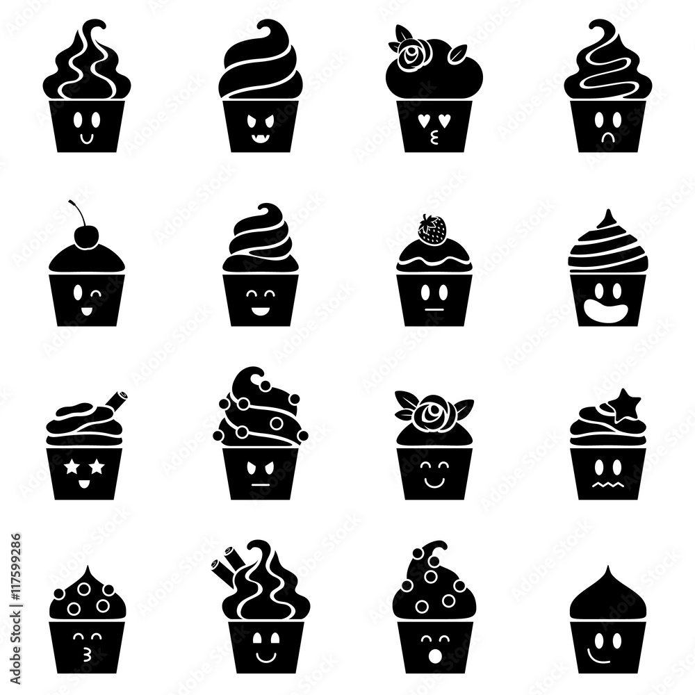 Cupcakes emoji icons set in flat style. Cupcakes emoji icons set in flat style.