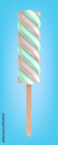 Green and brown spiral candy. Mint cocoa marshmallow lollipop.