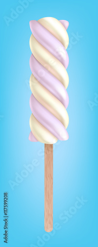Yellow and purple spiral candy. Berry marshmallow lollipop.