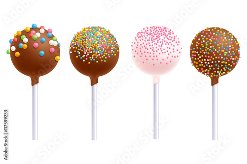 Colorful cake pops set. Sweet cookies on stick.
