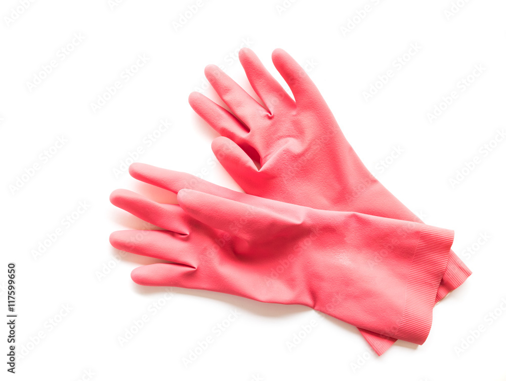 Red rubber gloves for cleaning on white background housework