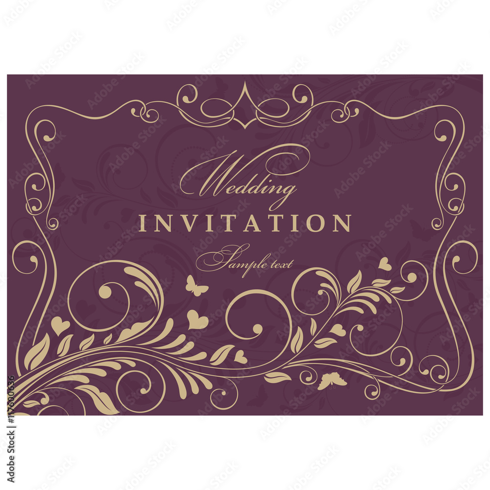 Invitation cards in an old-style gold and vinous.