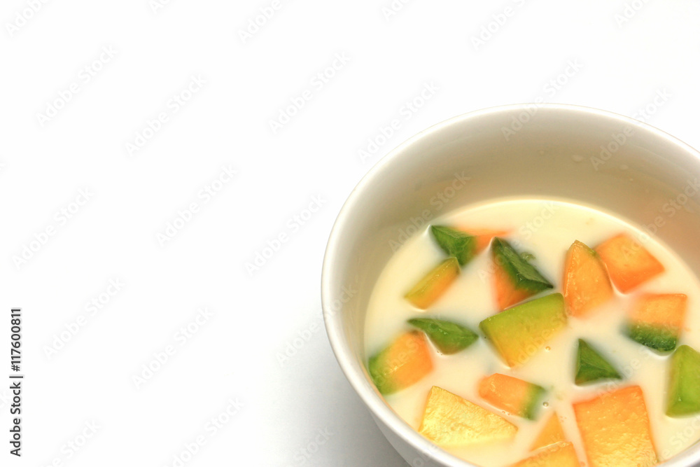Musk melon with coconut milk isolated, Thai dessert Musk melon with coconut milk isolated, Thai dessert