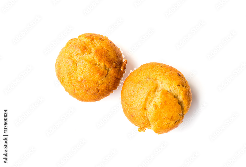 Banana cupcake on white background, food and drink concept Banana cupcake on white background, food and drink concept