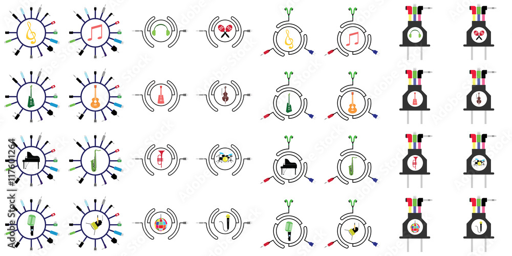 Fototapeta premium music instruments vector include guitar, cello, piano, drums with many types of jack and connection concept 