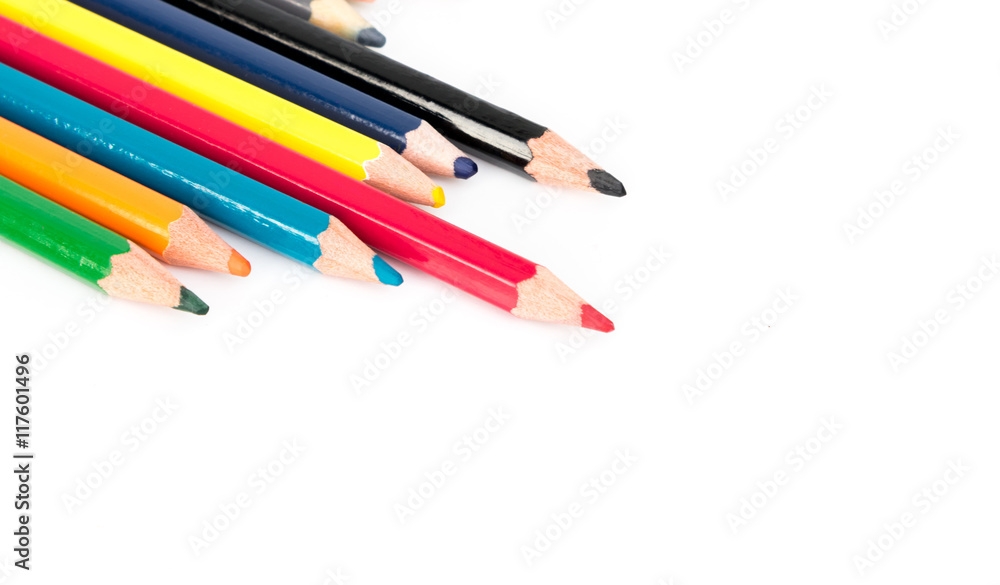 Colorful of colored pencils on white background, selective and soft focus