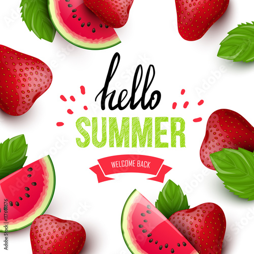 Summer colorful poster. Vector background with fruits. Hello summer handwritten text.