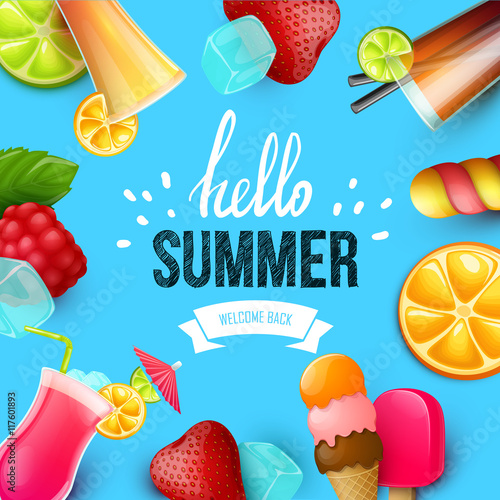 Summer colorful poster. Vector background with fruits. Hello summer handwritten text.