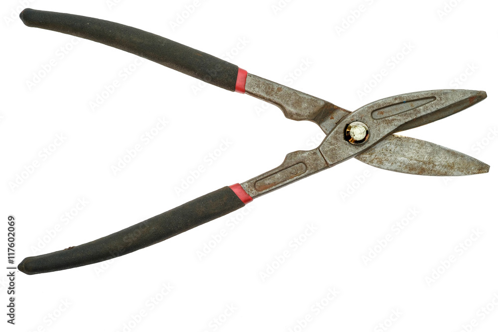 Old shears for cutting sheet metal isolated on white Old shears for cutting sheet metal isolated on white