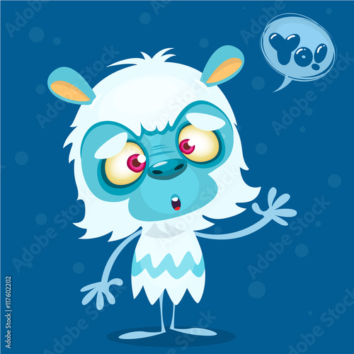 Happy cartoon bigfoot with speech bubble. Halloween vector yeti character with white fur and horns isolated on blue background