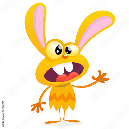 Cute yellow monster rabbit. Halloween vector bunny monster with big ears waving. Isolated on white © drawkman