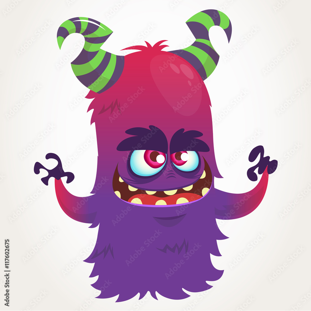 Cute cartoon purple horned monster . Halloween vector flying monster mascot Cute cartoon purple horned monster . Halloween vector flying monster mascot
