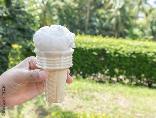 Hand hold ice cream melting with nature garden background at middle noon