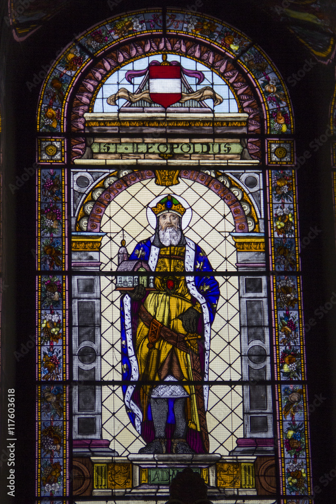 Stained glass window in St Stephen's cathedral, Budapest, Hungary