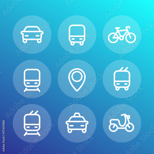 City and public transport icons set, route, bus, subway, taxi, train, railroad
