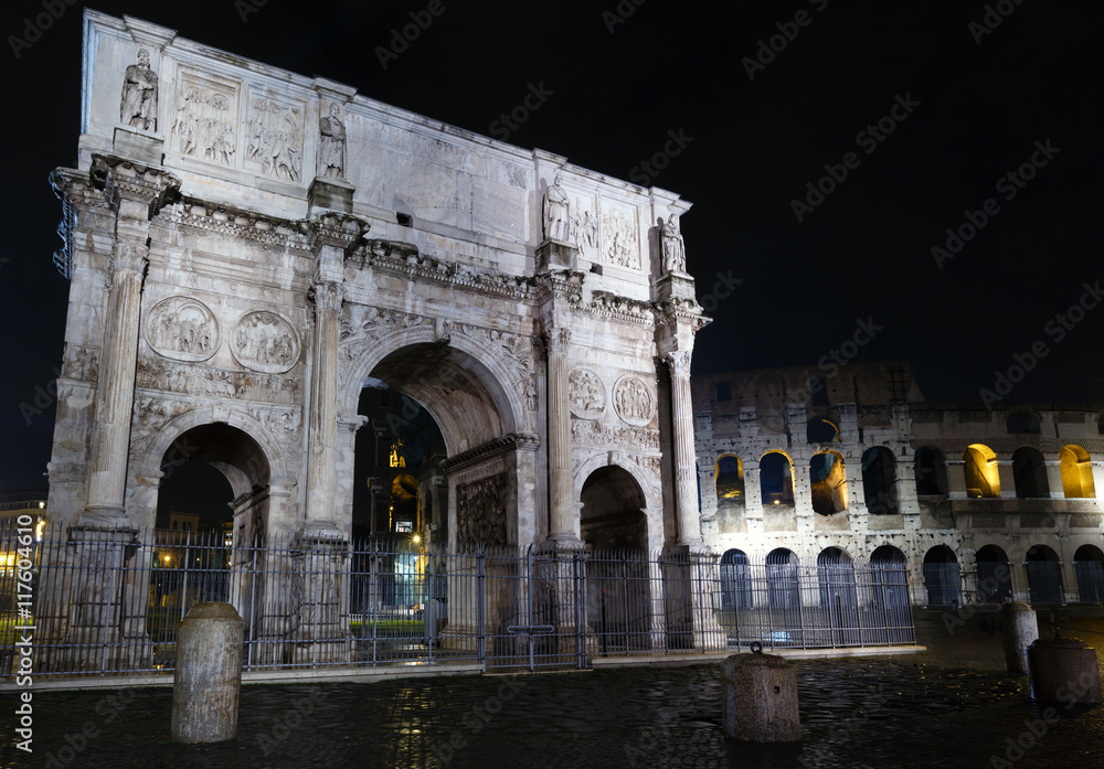 Colosseum and Constantine Arch night view, Rome.