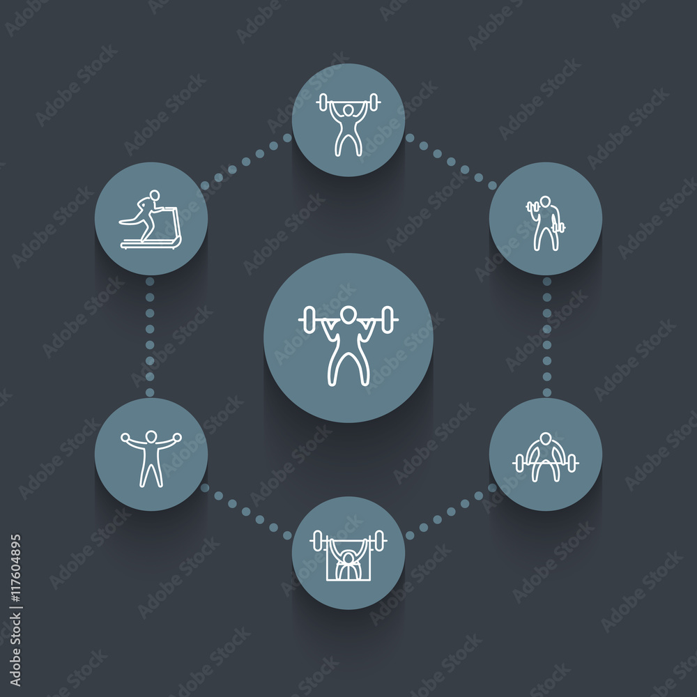 Gym, fitness exercises, training, linear icons Gym, fitness exercises, training, linear icons
