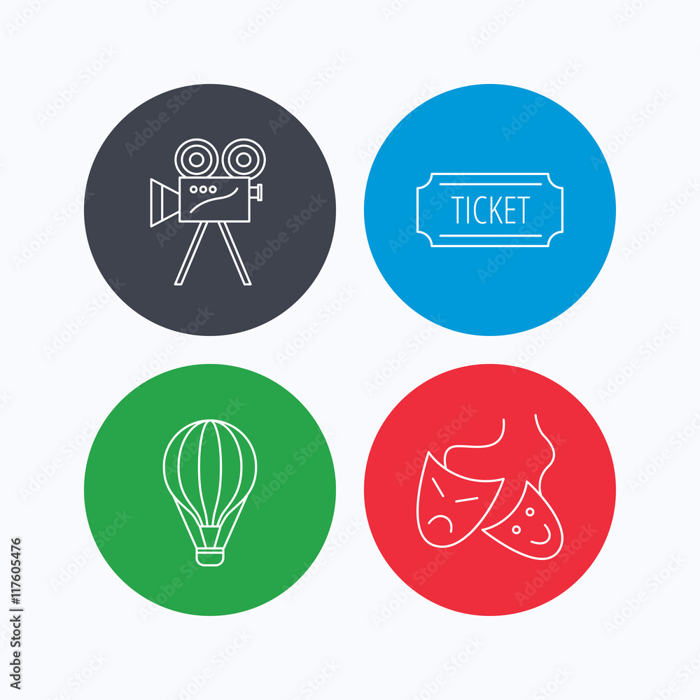Video camera, ticket and theatre masks icons. Video camera, ticket and theatre masks icons.