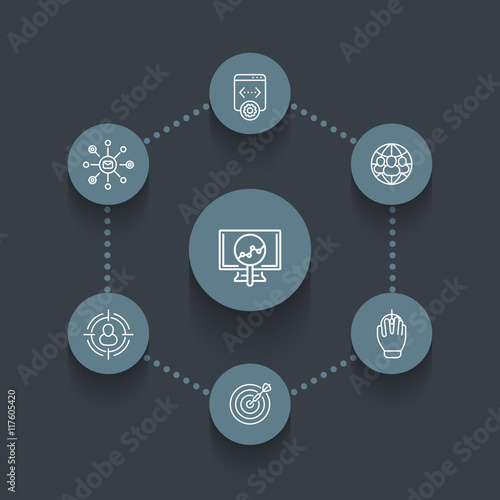 seo line icons, search engine optimization, internet marketing, web page indexing, seo tools, vector illustration