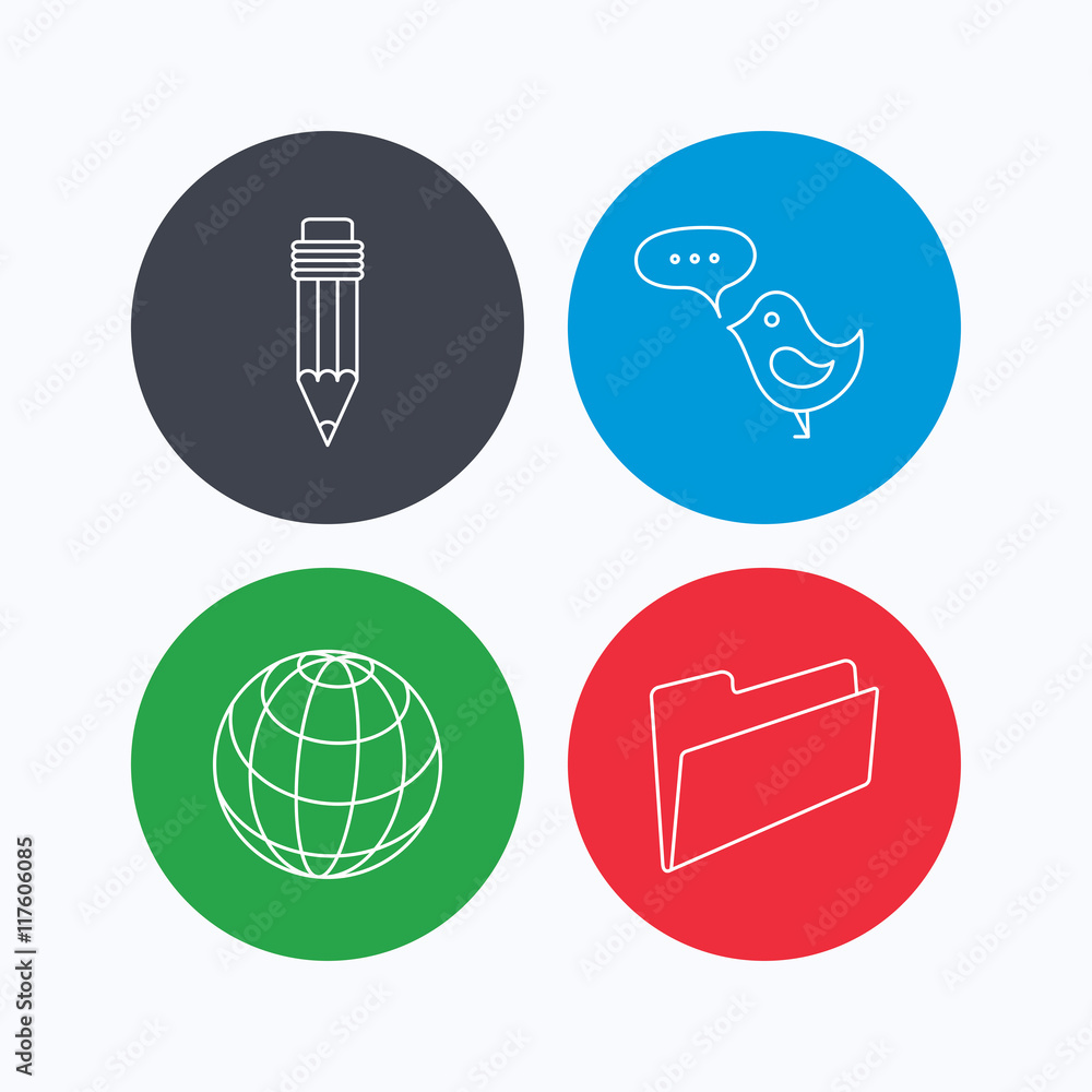 Pencil, message and world globe icons. Pencil, message and world globe icons.