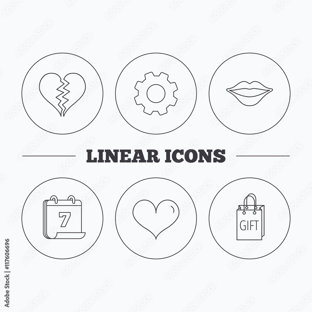 Love heart, kiss lips and gift icons.
