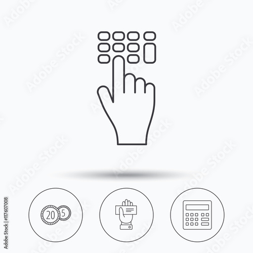 Calculator, coins and cheque icons.