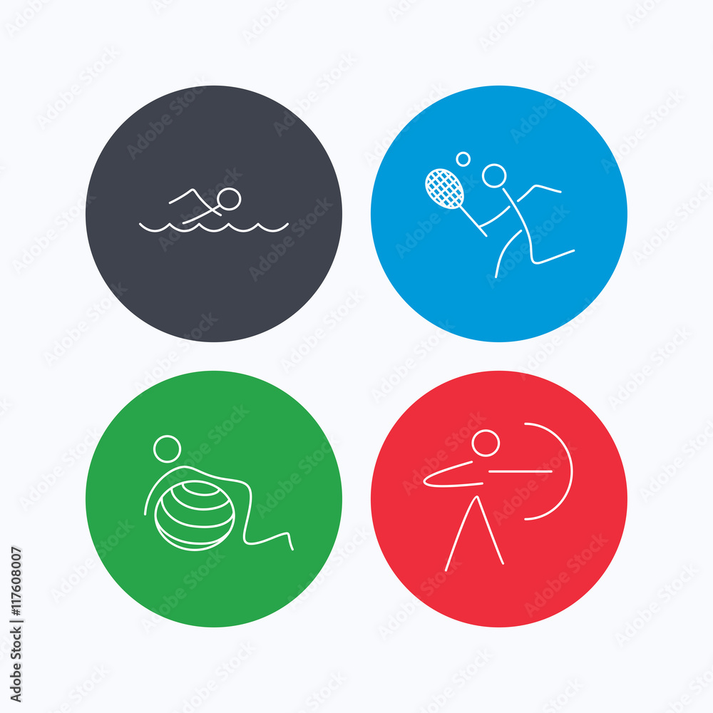 Swimming, tennis and gymnastics icons. Swimming, tennis and gymnastics icons.