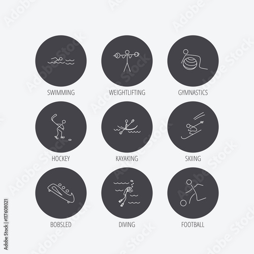 Swimming, football and skiing icons. Ice hockey.