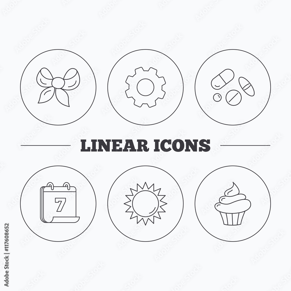 Medical pills, sun and bow-knot icons. Medical pills, sun and bow-knot icons.