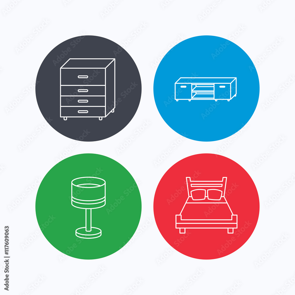 Double bed, table lamp and TV table icons. Double bed, table lamp and TV table icons.