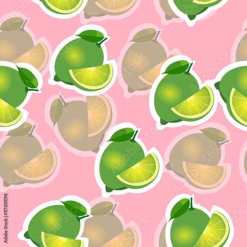 Pattern. lime and leaves and slises same sizes on pink background. Transparency lime.