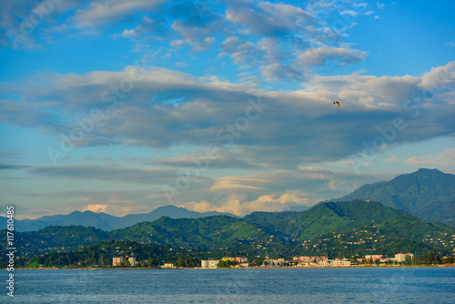 Konstfotografi View of the Black Sea and distant hazy mountains