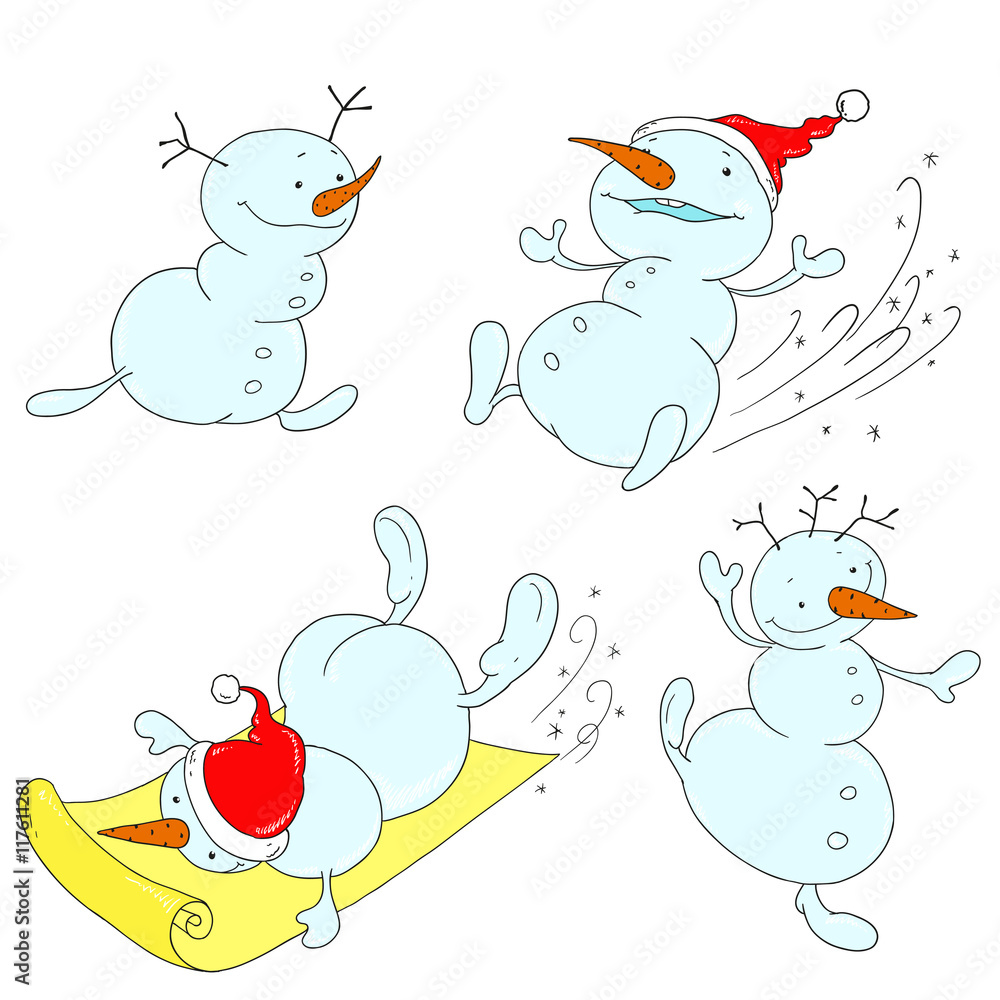 Set of cheerful snowmen. Characters flat snowmen. Set of cheerful snowmen. Characters flat snowmen.