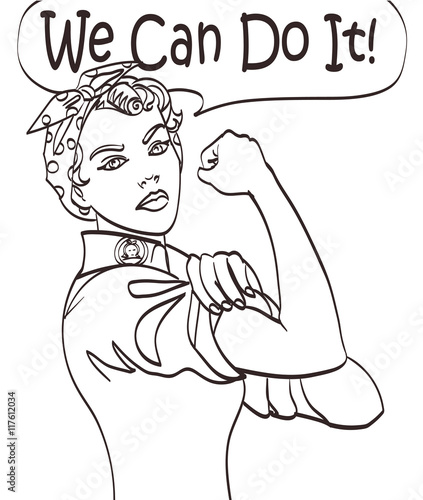We Can Do It. Cool vector iconic woman's fist symbol of female power and industry. cartoon woman with can do attitude. Isolated lineart eps 10