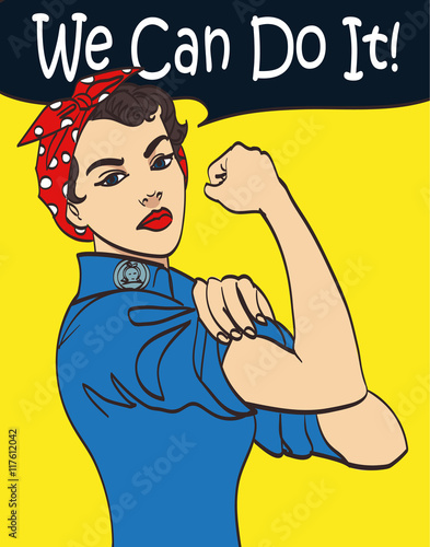 We Can Do It. Cool vector iconic woman's fist symbol of female power and industry. cartoon woman with can do attitude. Isolated lineart eps 10