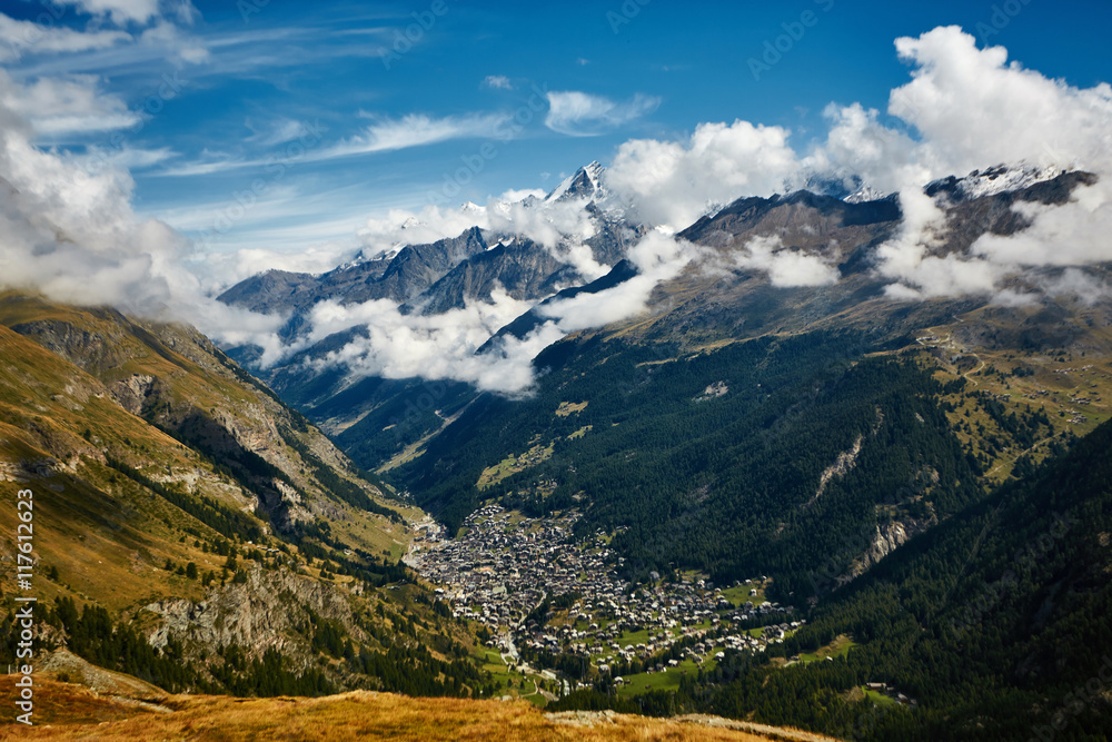 Snow capped alpine mountains. Trek near Matterhorn mount. Snow capped alpine mountains. Trek near Matterhorn mount.