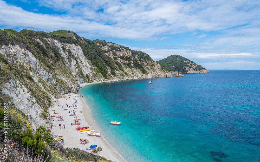 Fototapeta premium Aerial view over Sansone beach on Elba island, Italy, in summer season