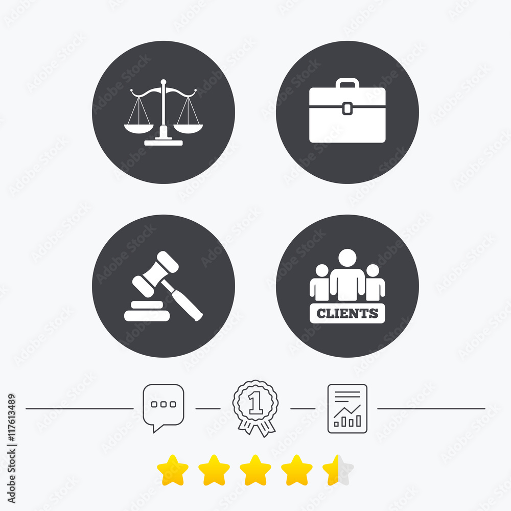 Scales of Justice icon. Auction hammer and case. Scales of Justice icon. Auction hammer and case.